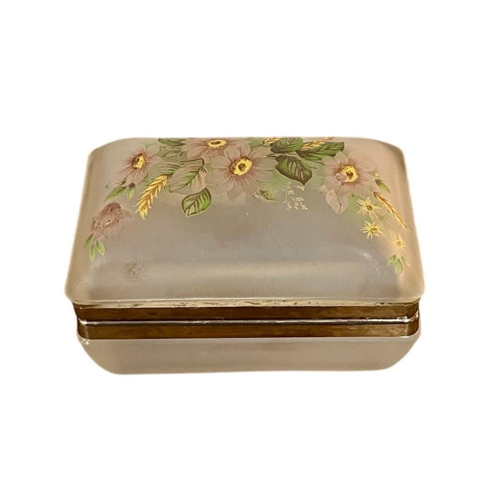 Vintage Frosted Glass Trinket Box Hand Painted Flowers Brass Hinged Vanity Decor